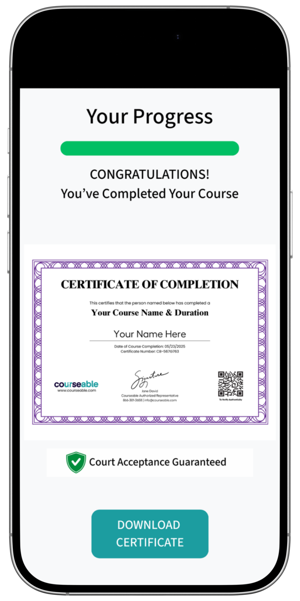 Courseable course on a smartphone with Certificate of Completion