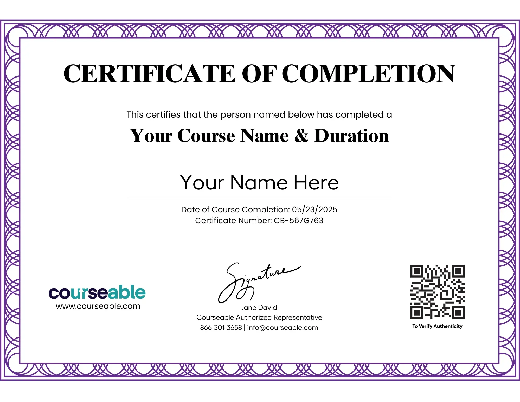 Sample Courseable certificate with verifiable QR code