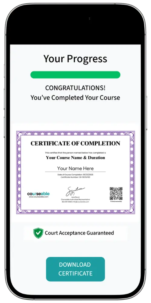 Courseable mobile app showing completed course with Certificate of Completion