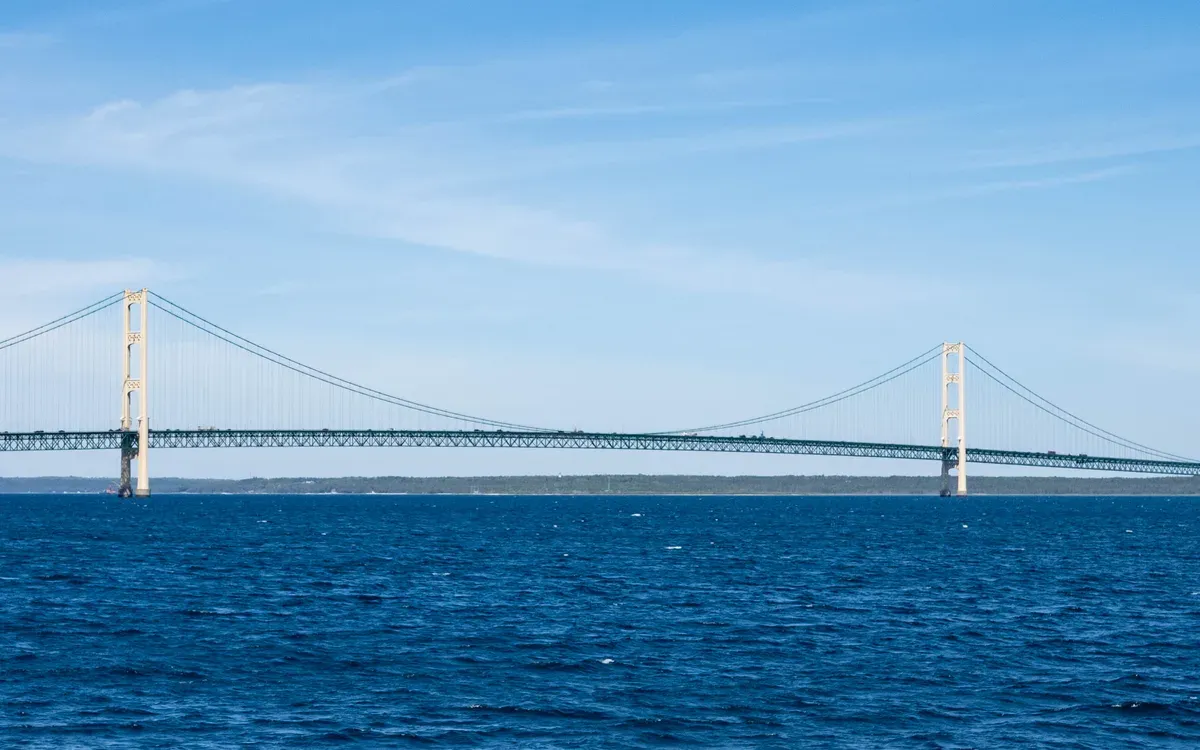The Mackinac Bridge spanning the Straits of Mackinac on a clear day