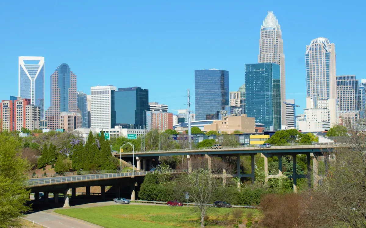 The uptown Charlotte skyline under a clear blue sky