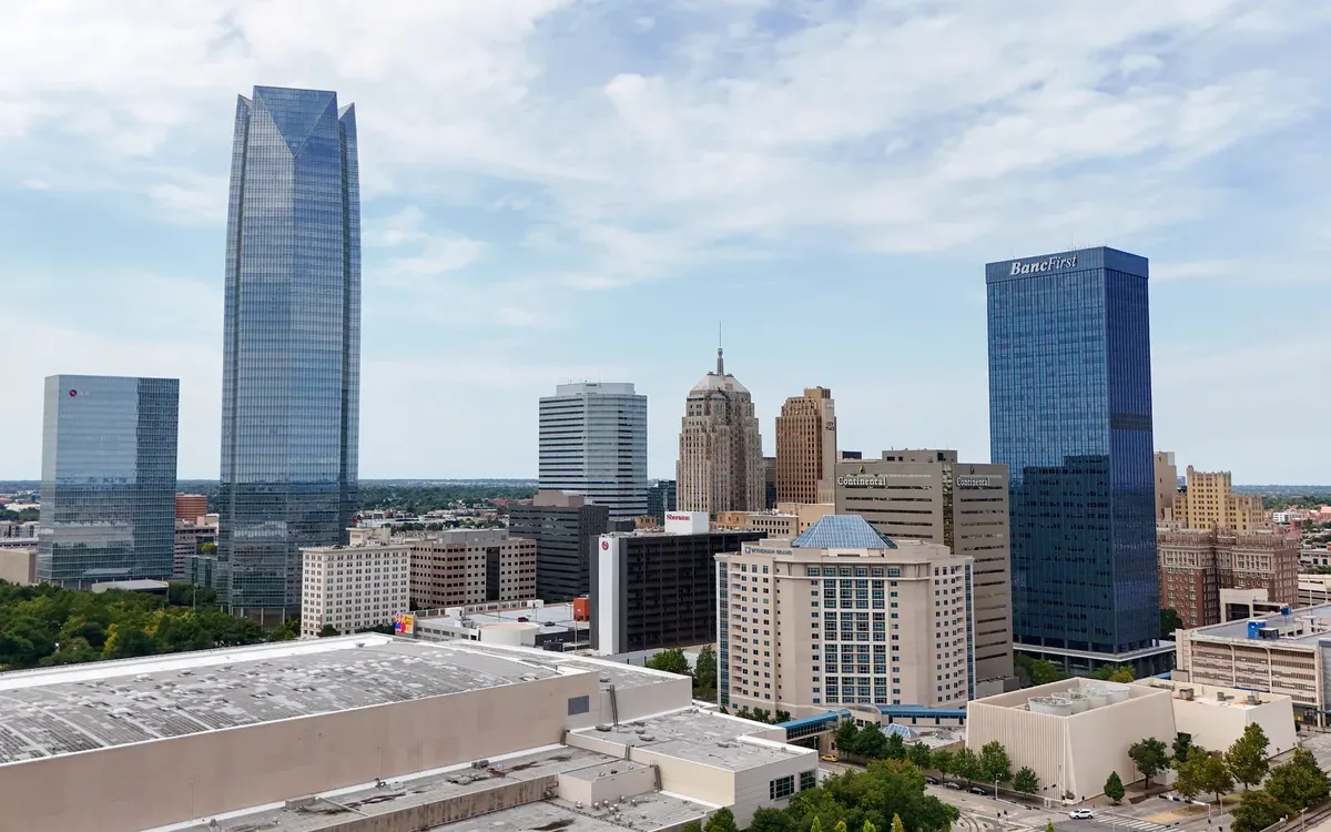 The downtown Oklahoma City skyline on a bright day