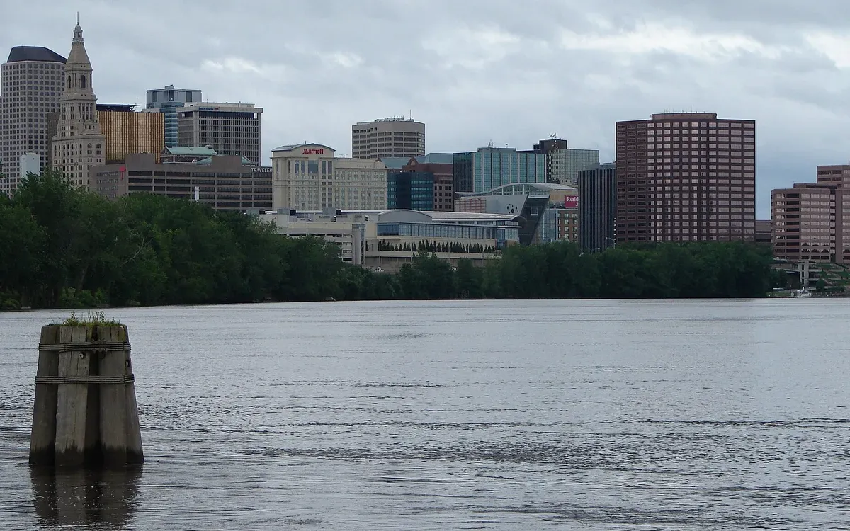 The Hartford, Connecticut skyline across the Connecticut River, including the Travelers Tower and Hartford Marriott Downtown