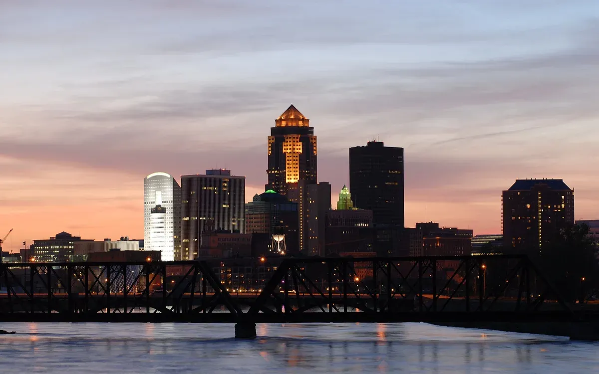 The downtown Des Moines, Iowa skyline of office towers on a clear day