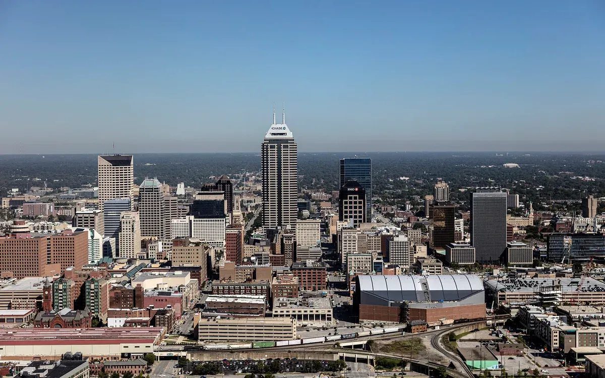 An aerial view of the downtown Indianapolis skyline