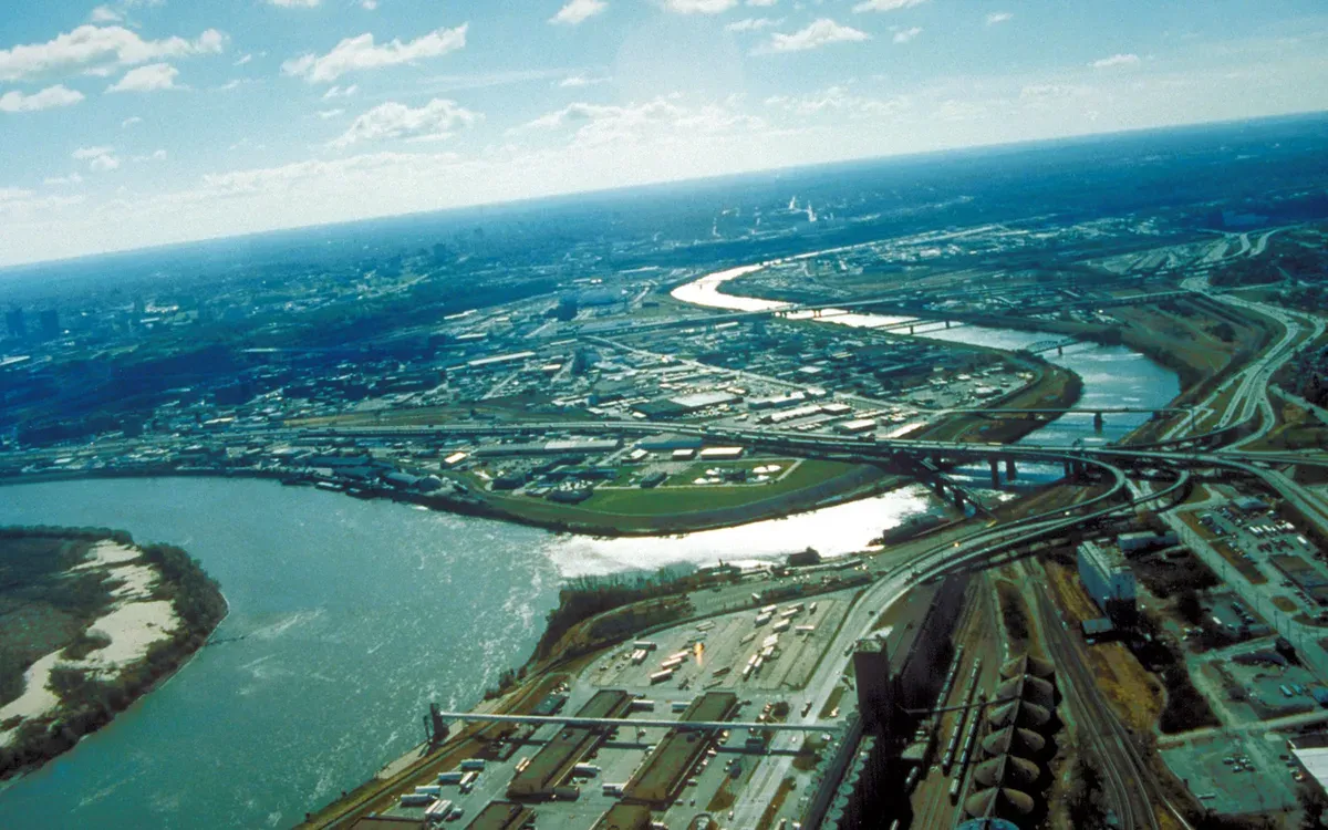 An aerial view of Kansas City, Kansas at the confluence of the Kansas and Missouri Rivers