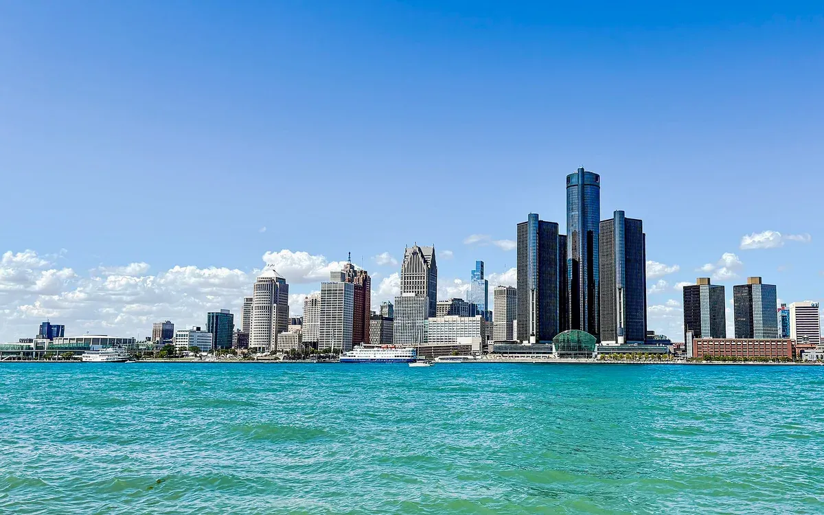 The Detroit skyline across the Detroit River, viewed from Windsor, Ontario