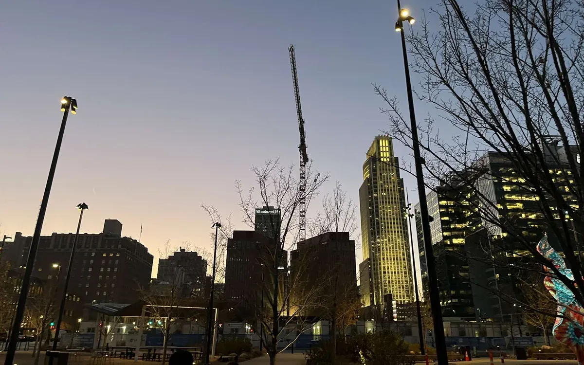 The downtown Omaha, Nebraska skyline viewed from Gene Leahy Mall