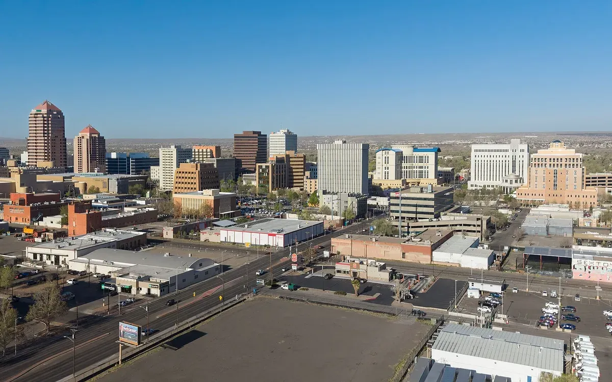 The Albuquerque, New Mexico skyline with the Sandia Mountains rising behind downtown
