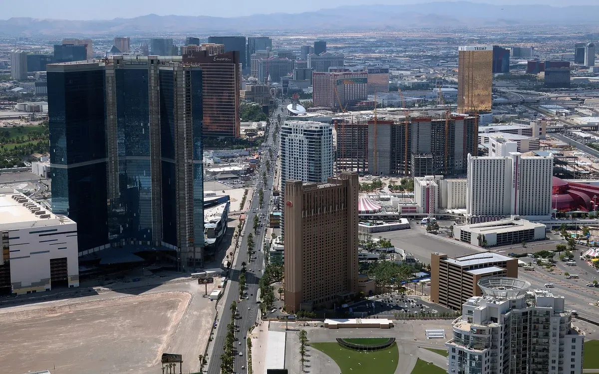 Aerial daytime view of the Las Vegas Strip, with hotel-casino towers lining Las Vegas Boulevard