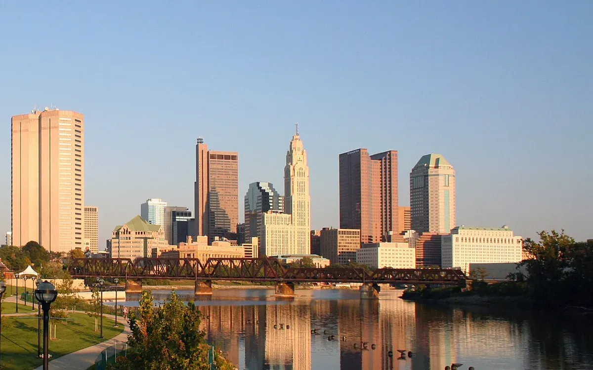 The Columbus, Ohio downtown skyline panorama along the Scioto River on a clear day