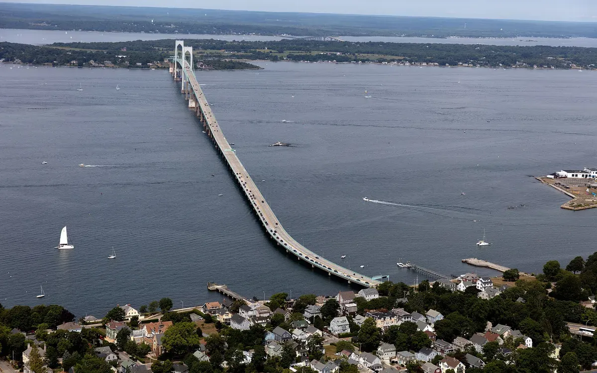 Aerial view of the Claiborne Pell (Newport) Bridge spanning Narragansett Bay near Newport, Rhode Island