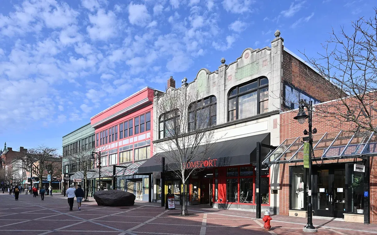 The pedestrian Church Street Marketplace in downtown Burlington, Vermont, with the Homeport building fronting the street