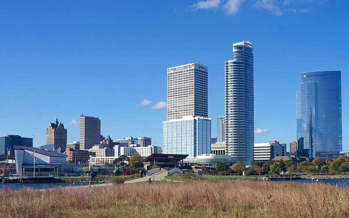 The Milwaukee city skyline seen across the water from Lakeshore State Park on a clear day