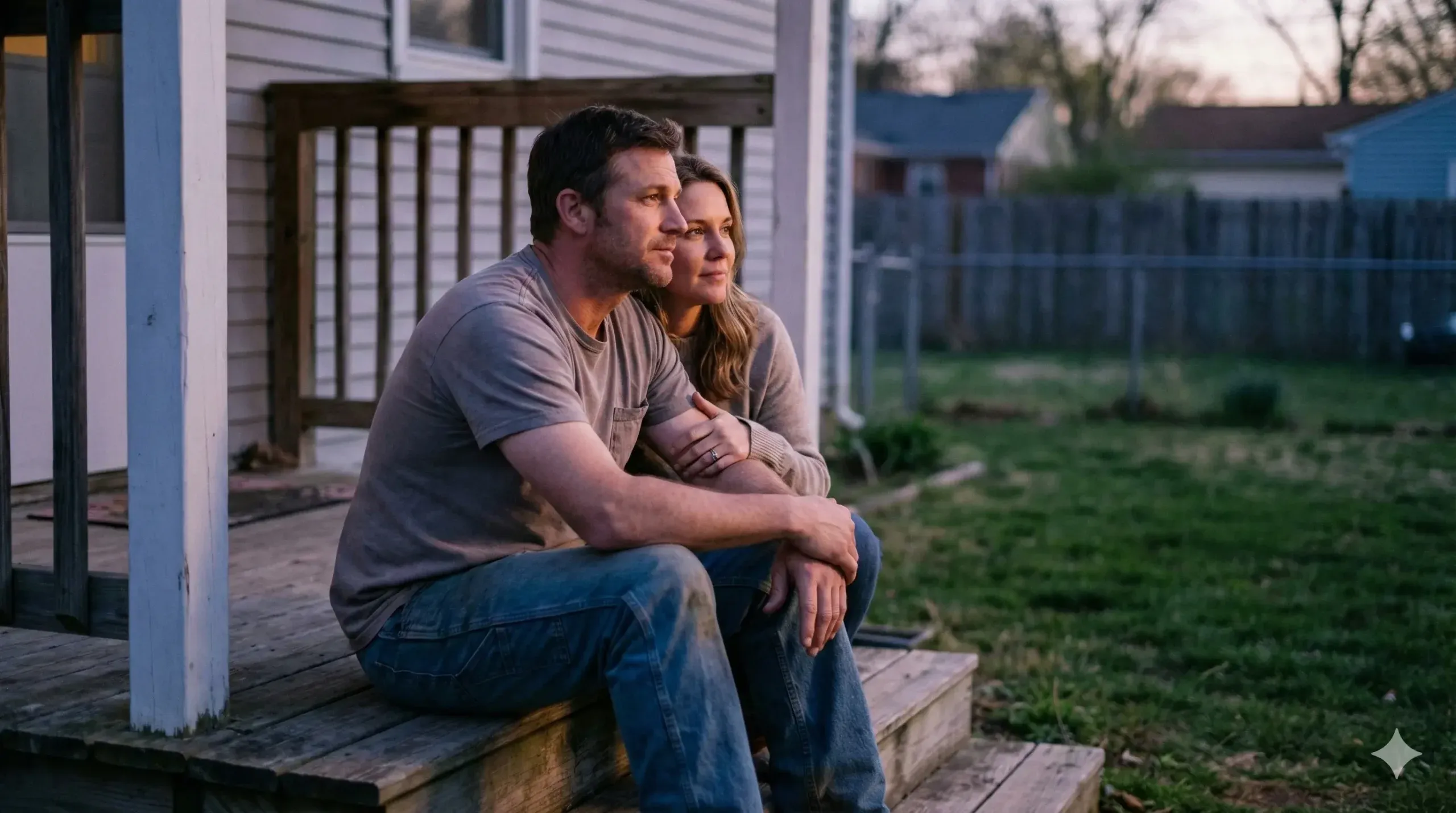 A couple sitting together peacefully on steps, looking ahead
