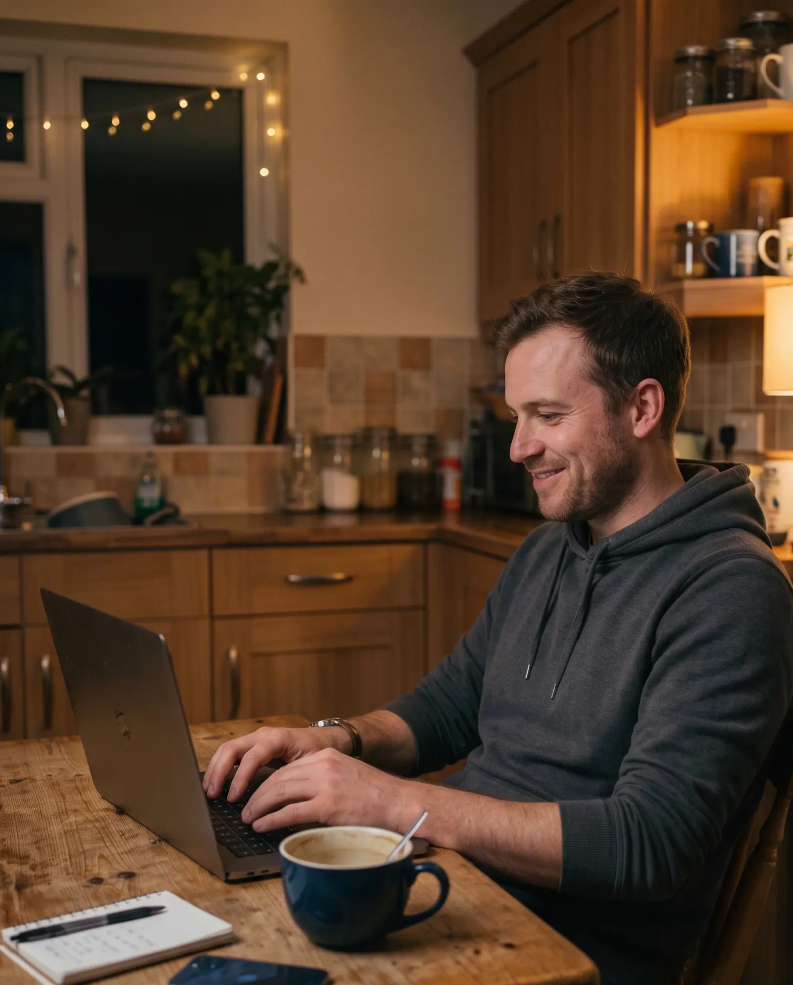 A man relaxing after finishing his court-ordered anger management course on a laptop at his kitchen table