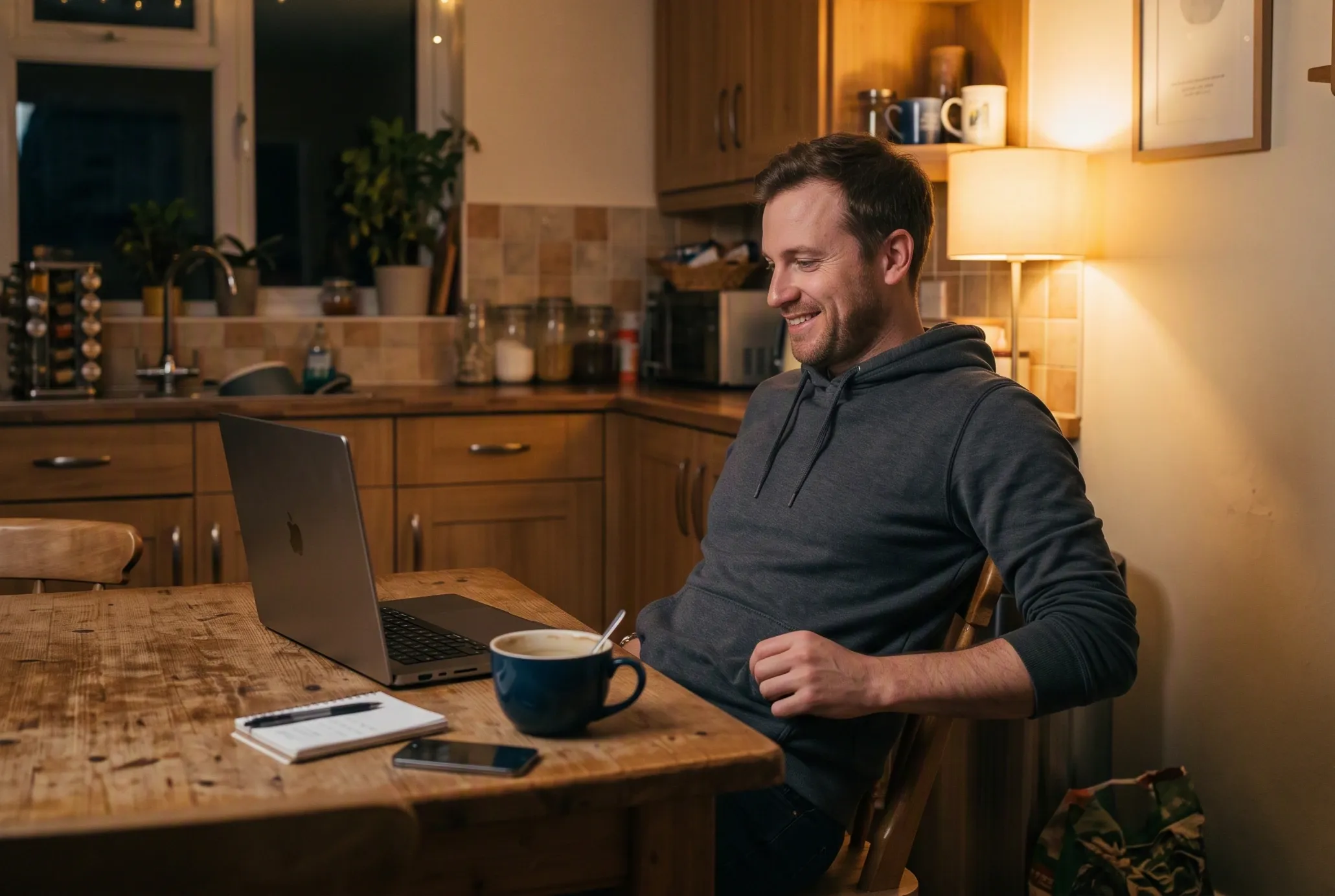 Illustrative scene of a man at his kitchen table taking an online class on his laptop