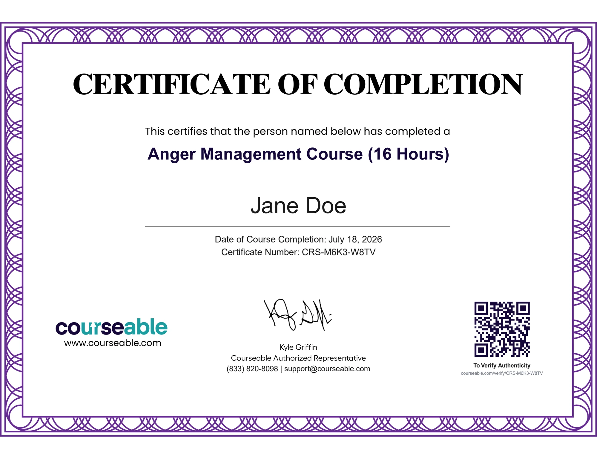 Courseable Certificate of Completion for a court Anger Management course, with a unique ID and verification QR code