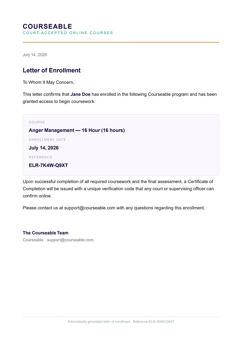Courseable Proof of Enrollment letter confirming the student has enrolled and been granted access
