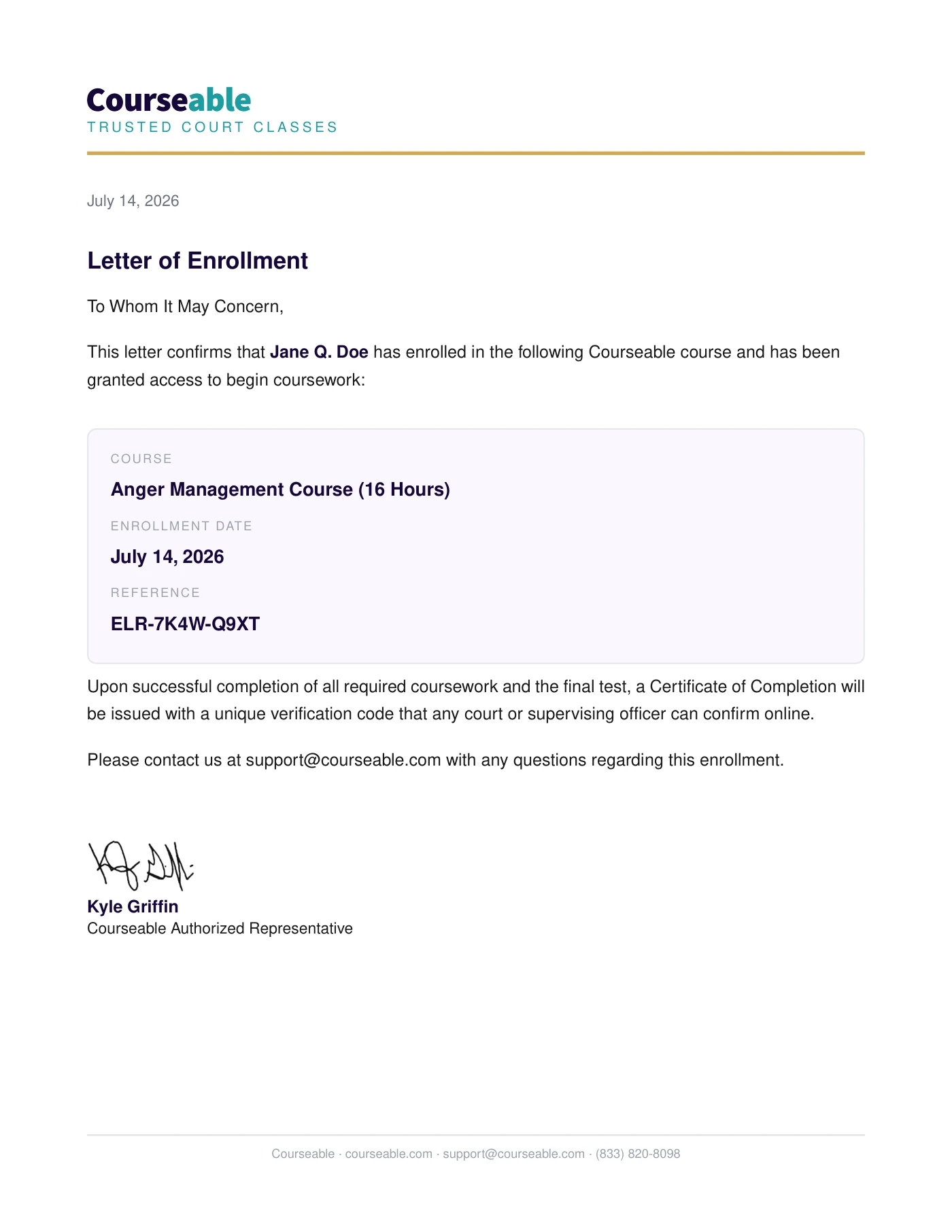 Courseable Proof of Enrollment letter for the 16-hour Anger Management course, confirming the student has enrolled and been granted access