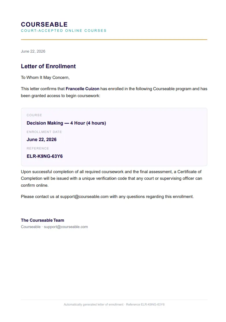 Courseable Proof of Enrollment letter confirming the student has enrolled and been granted access