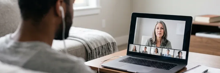 A student in a live Courseable anger management class over Zoom, with the instructor and other students on the laptop screen