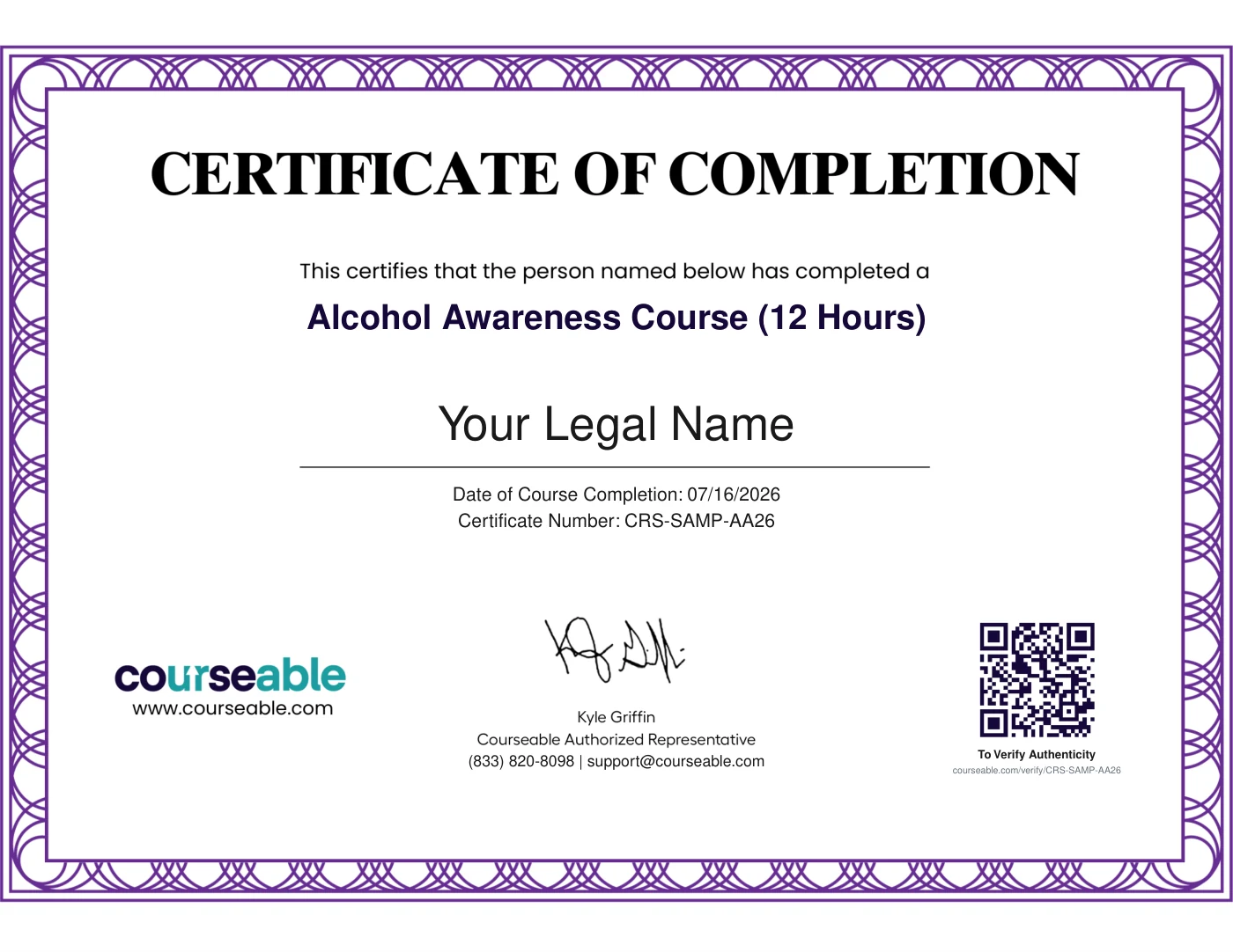 The Courseable Certificate of Completion for the 12-Hour Alcohol Awareness class, printed with the recipient line “Your Legal Name” and a verification QR code