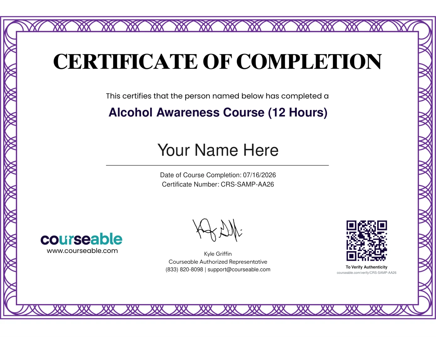 Courseable Certificate of Completion for the 12-Hour Alcohol Awareness class, with a unique ID and verification QR code