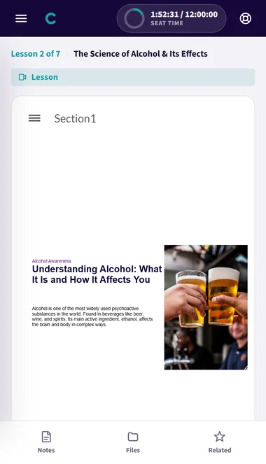 The Courseable alcohol awareness lesson player on a phone