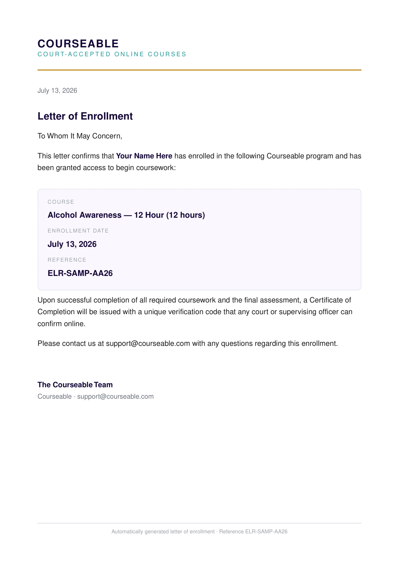 Courseable Proof of Enrollment letter for the 12-Hour Alcohol Awareness class, confirming the student has enrolled and been granted access