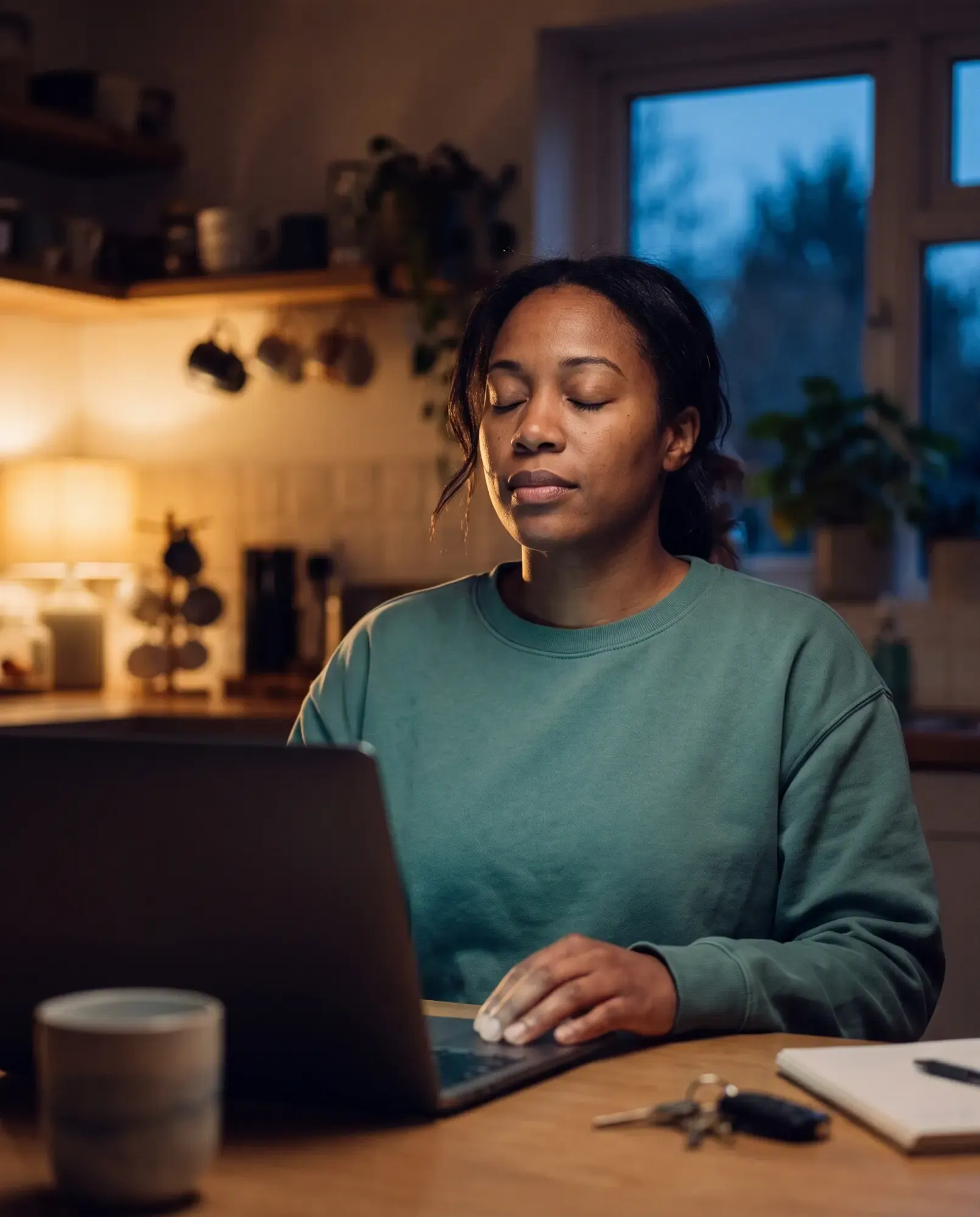 A woman pausing for a calm breath at her kitchen table at dusk, finishing her court-ordered impulse control class on a laptop