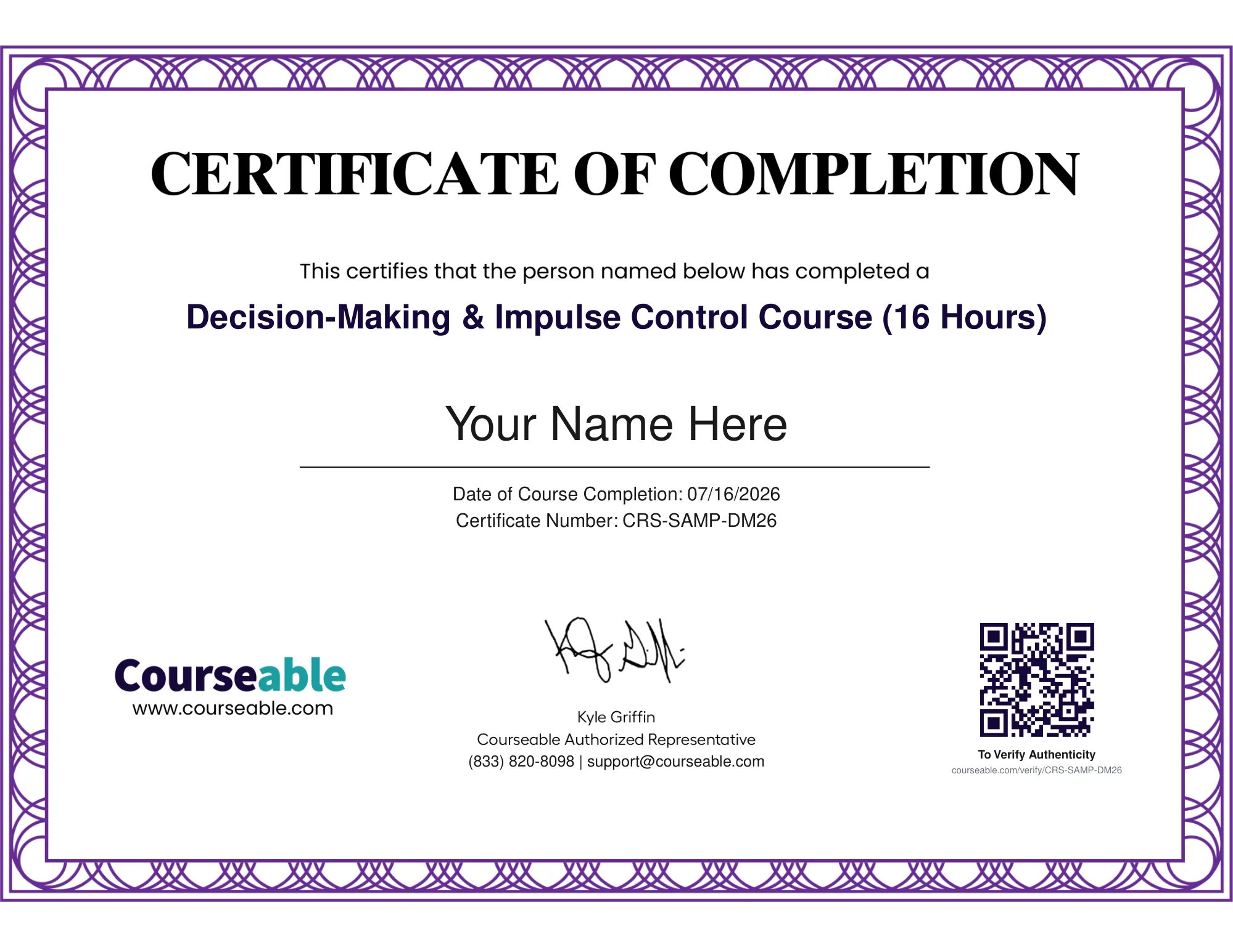 Courseable Certificate of Completion for the 16-hour Decision-Making & Impulse Control course, with a unique ID and verification QR code