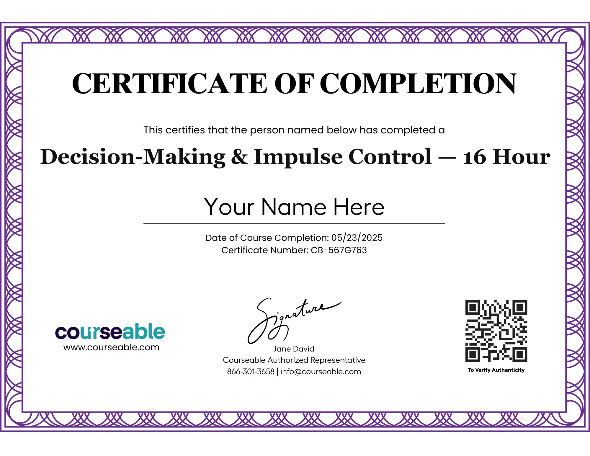 Courseable Certificate of Completion for the 16-hour Decision-Making & Impulse Control course, with a unique ID and verification QR code