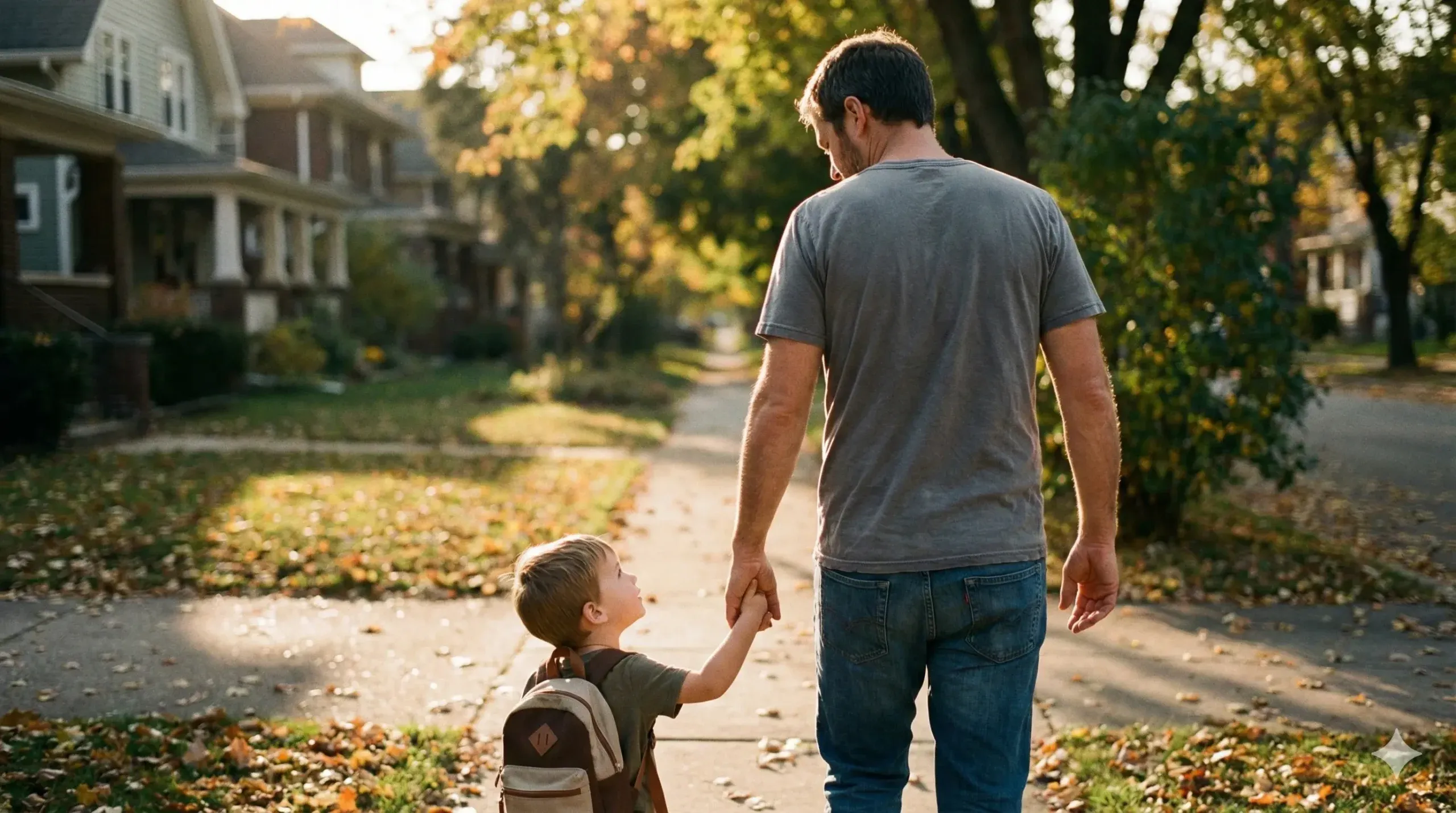 A father and young son holding hands walking down a street