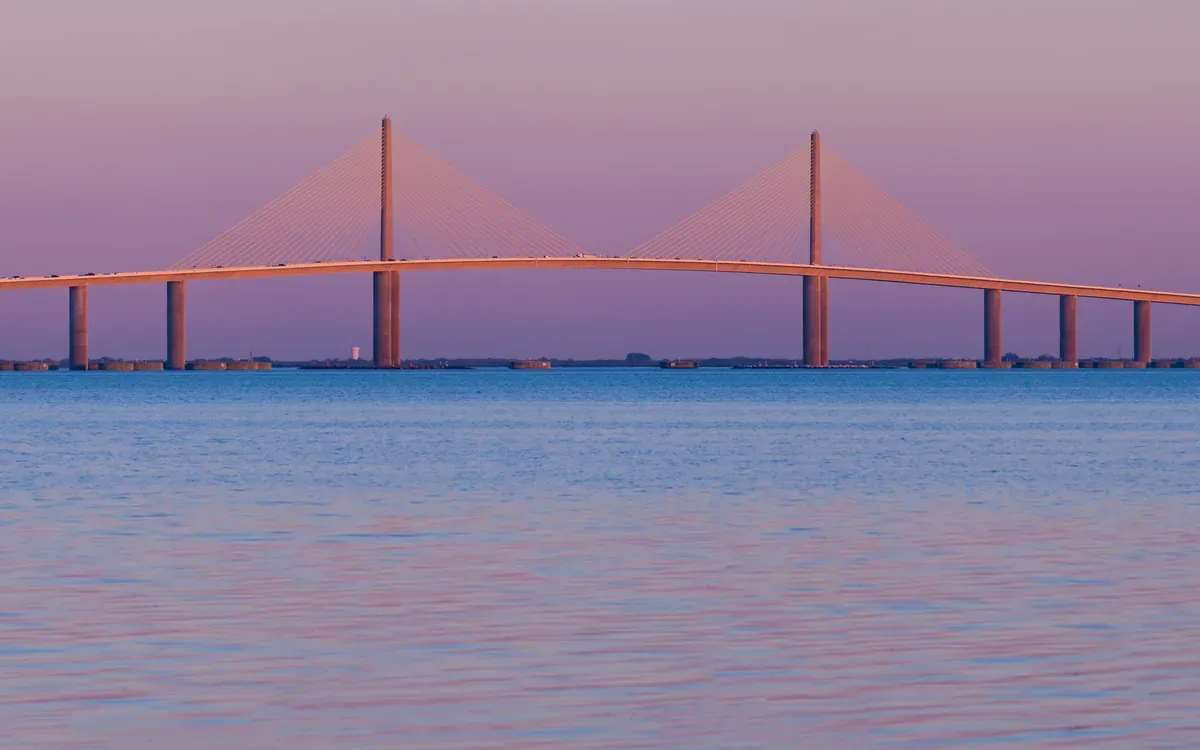 The Sunshine Skyway Bridge crossing Tampa Bay at sunset