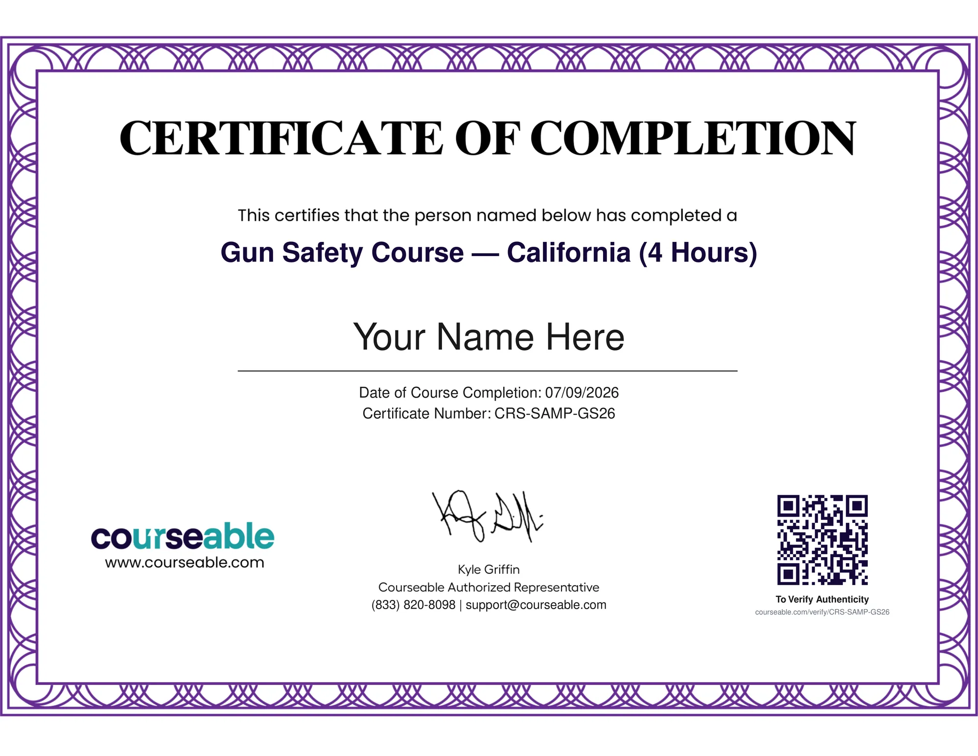 Sample Courseable Certificate of Completion for the California gun safety course