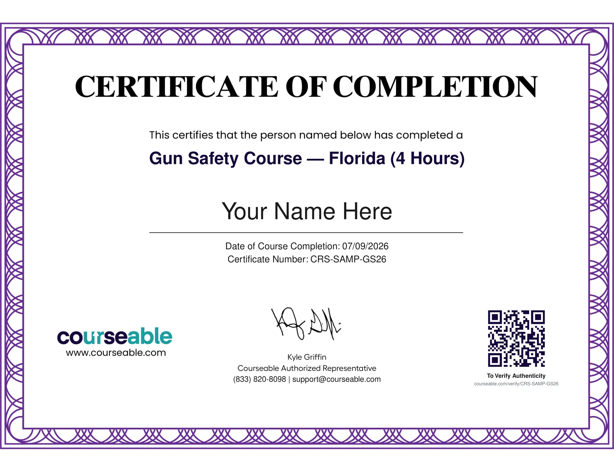Sample Courseable Certificate of Completion for the Florida gun safety course