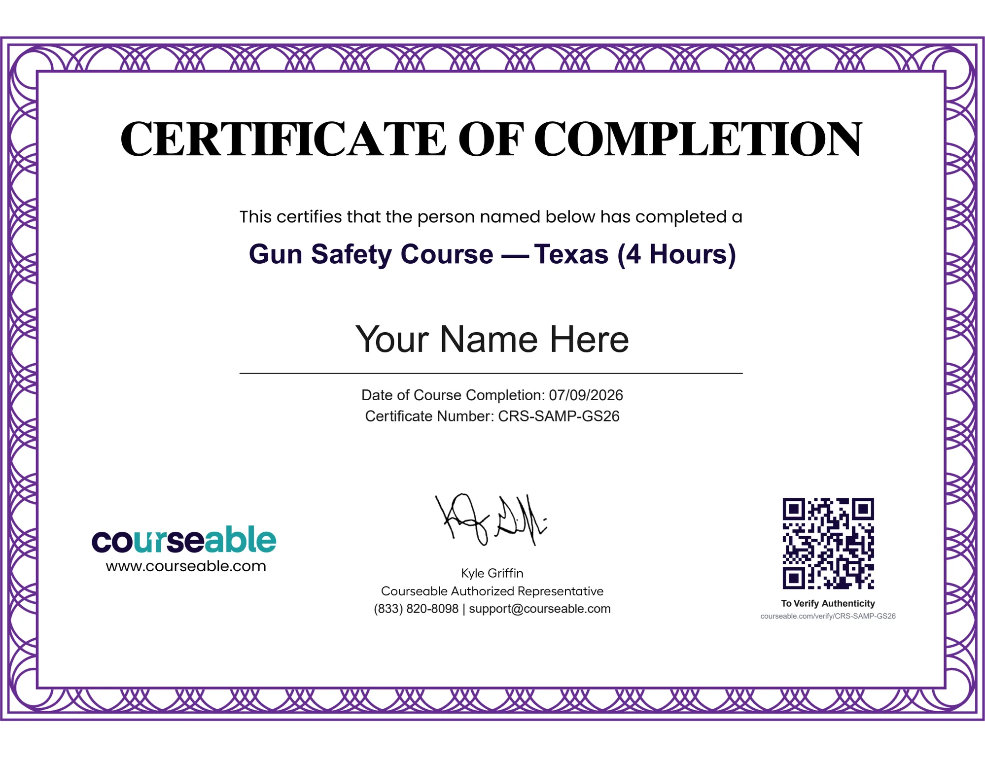 Sample Courseable Certificate of Completion for the Texas gun safety course