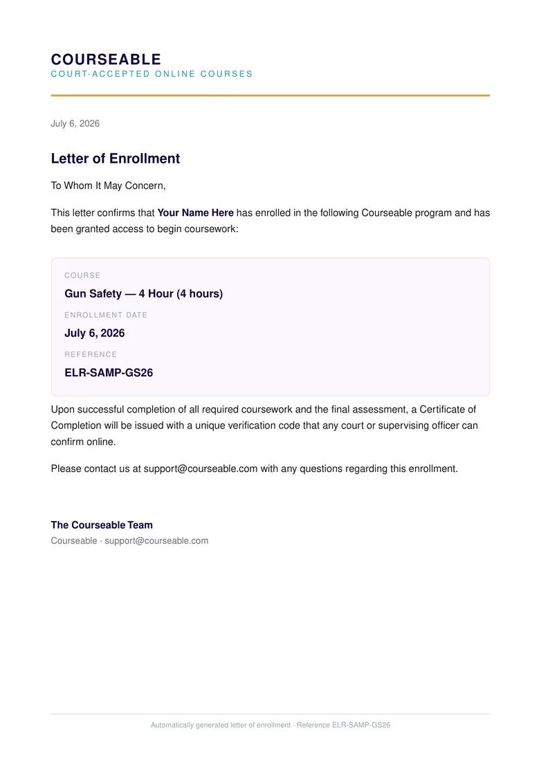 Sample Courseable Proof of Enrollment letter for a gun safety course