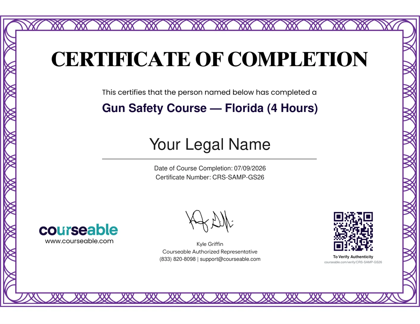 Sample Florida Gun Safety Course certificate of completion