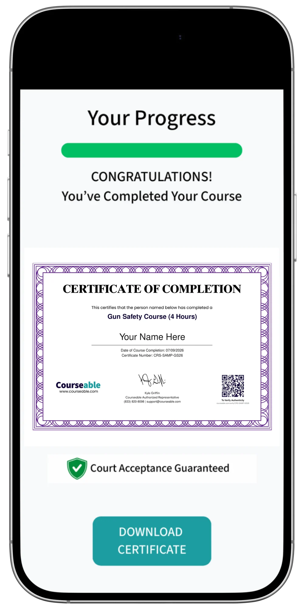 Courseable course on a smartphone with Certificate of Completion