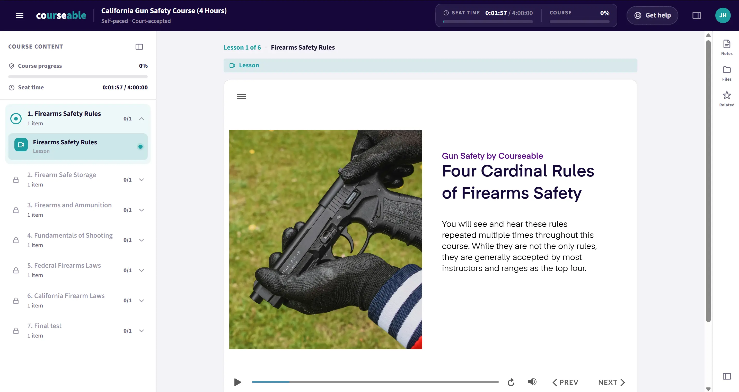 The Courseable lesson player showing the gun safety course with tracked seat time and course progress