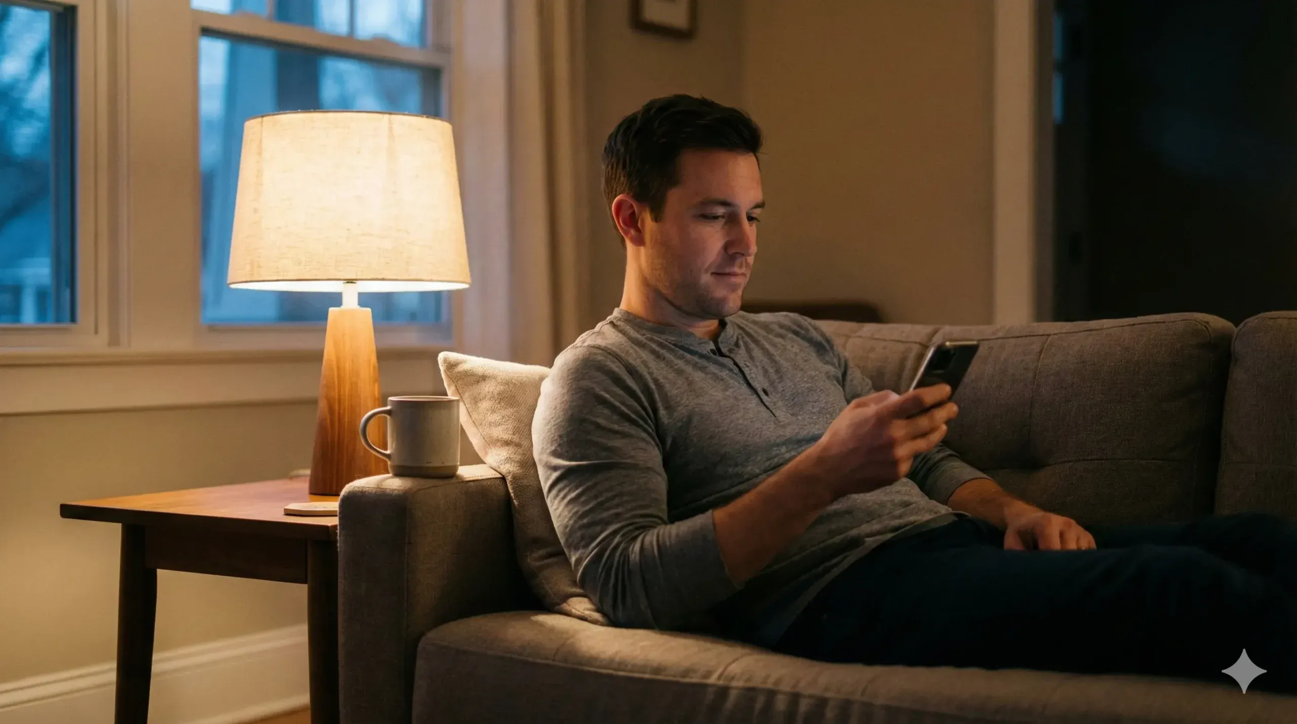 A man studying on his phone at home on his sofa