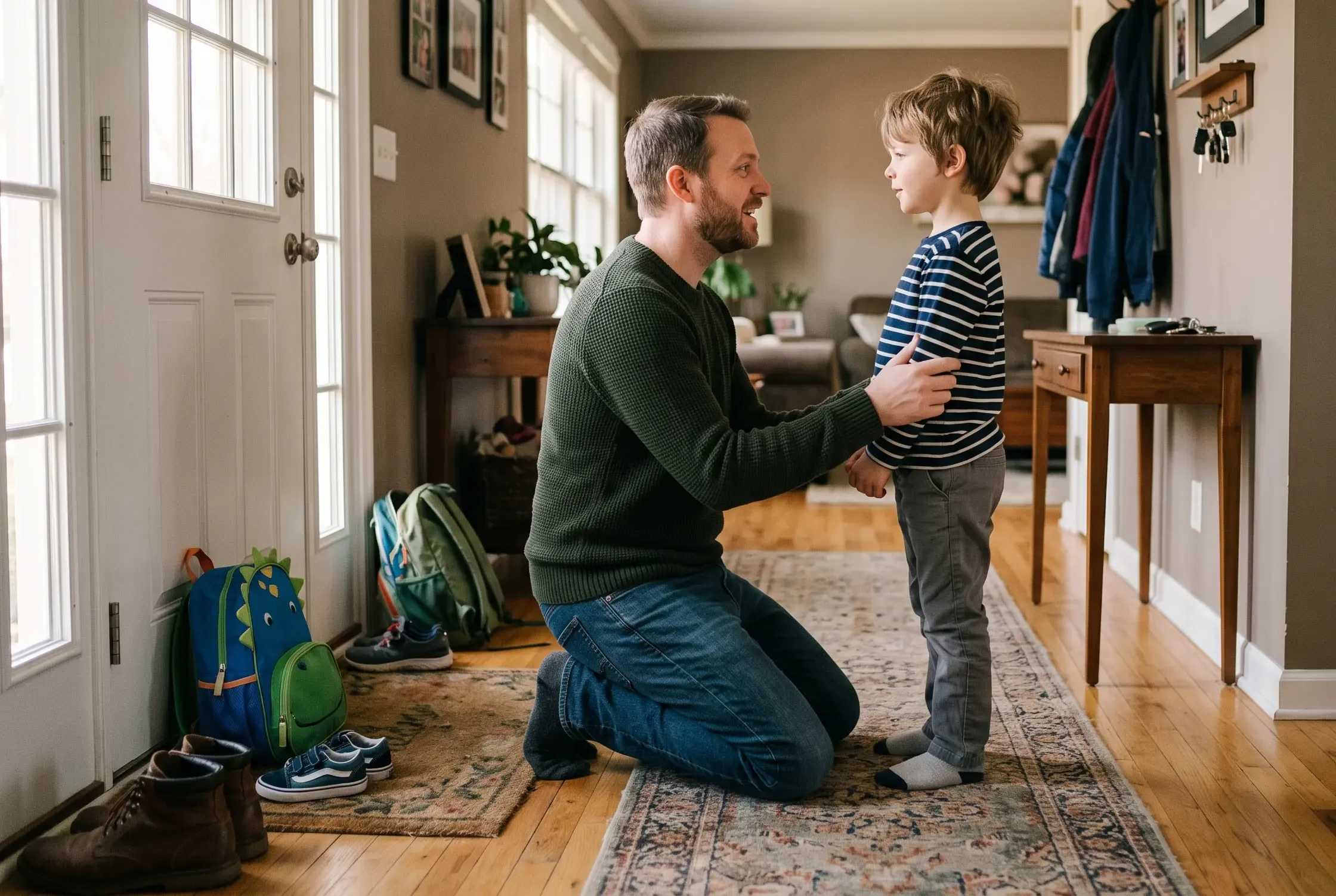 A father kneeling to talk calmly with his son by the front door