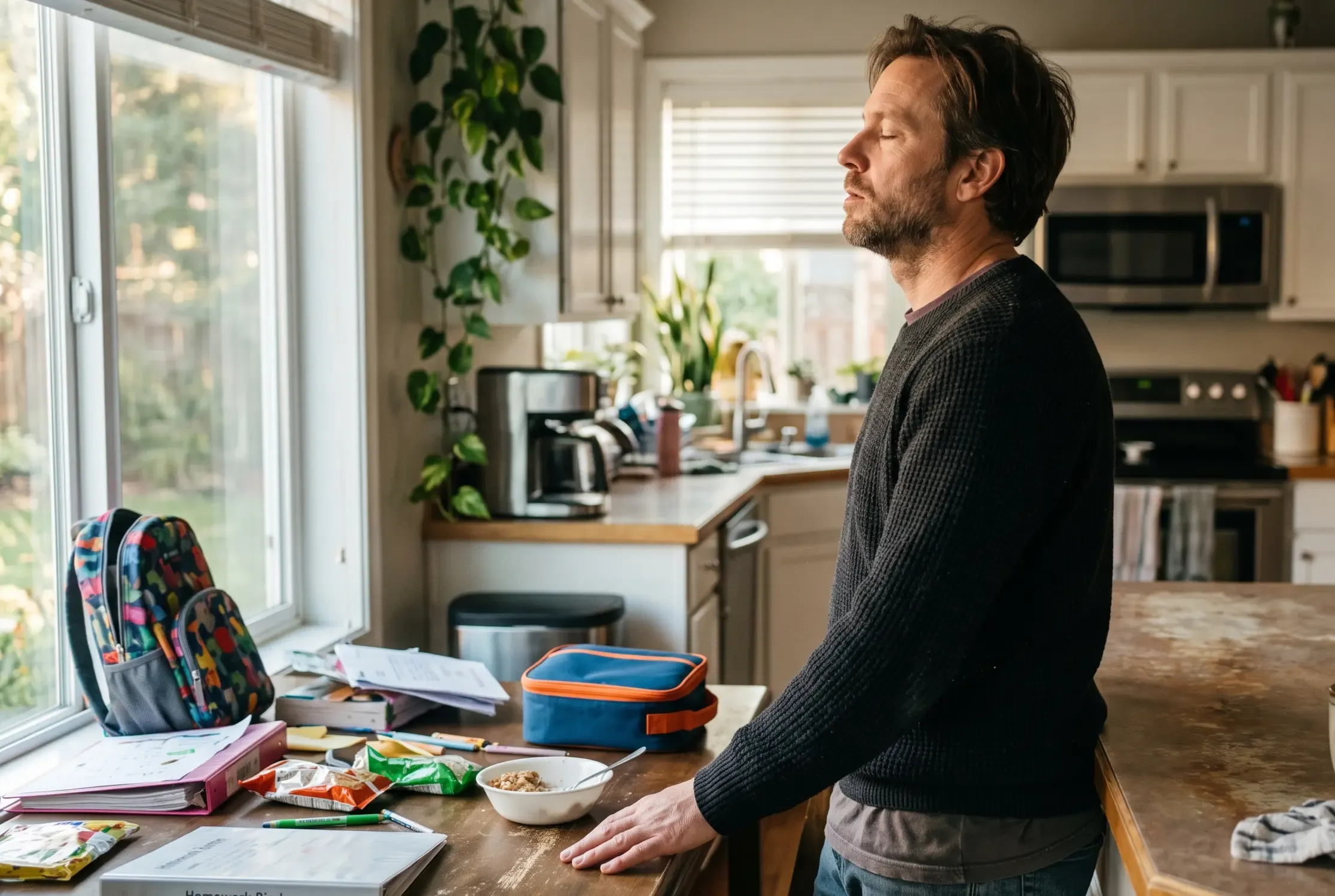 A man pausing to take a breath at the kitchen counter