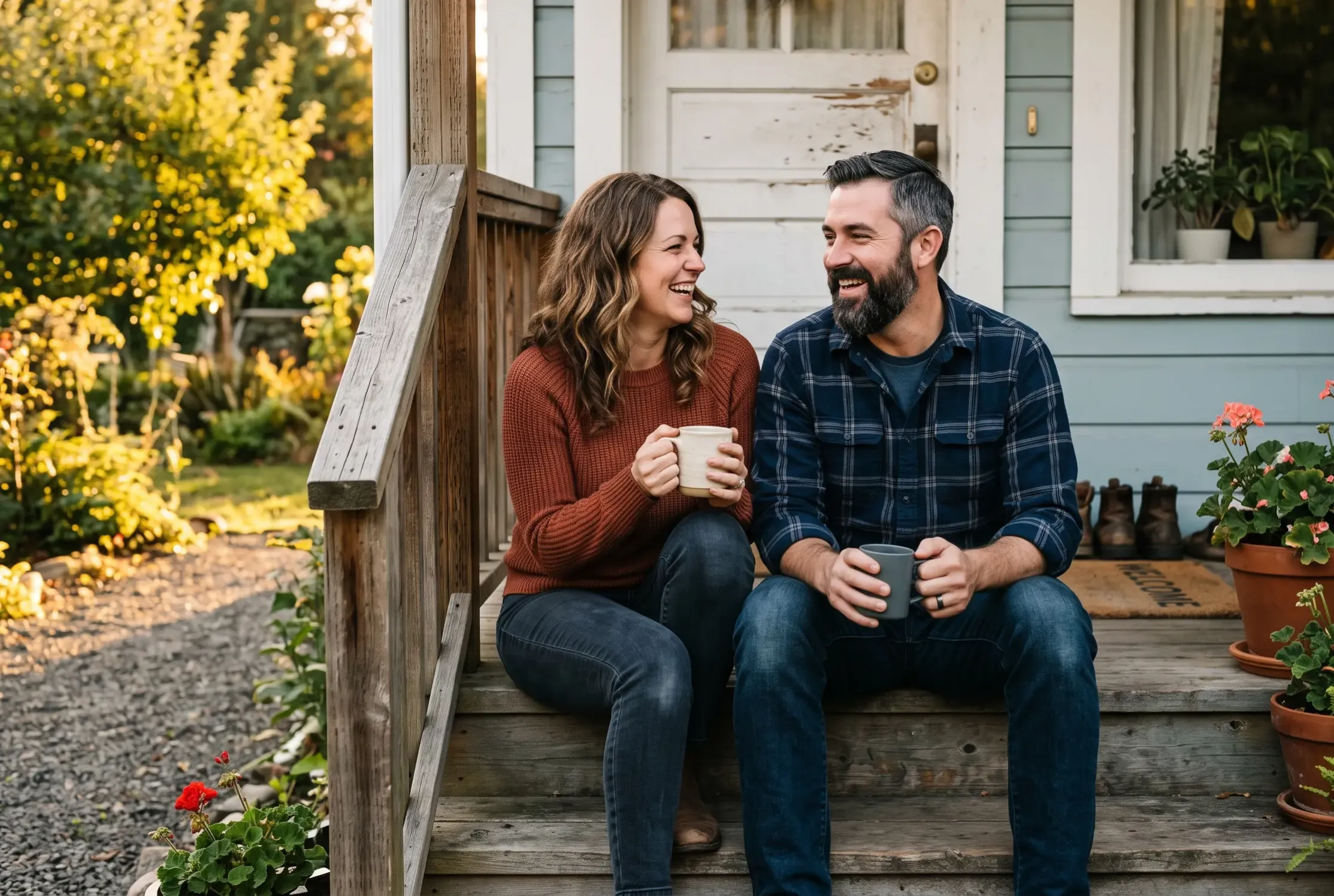 A couple laughing together on their front porch