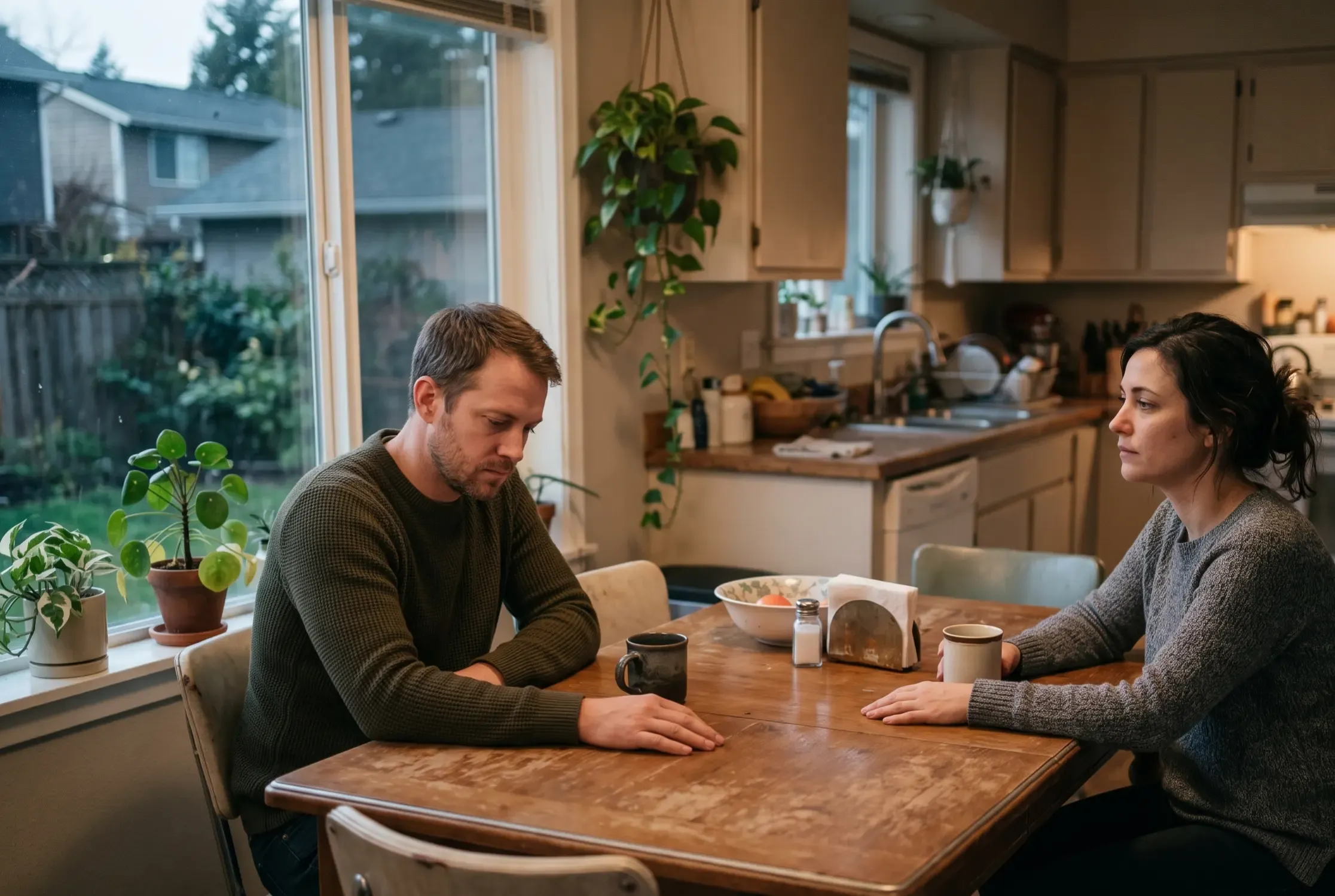 A couple sitting quietly at the kitchen table