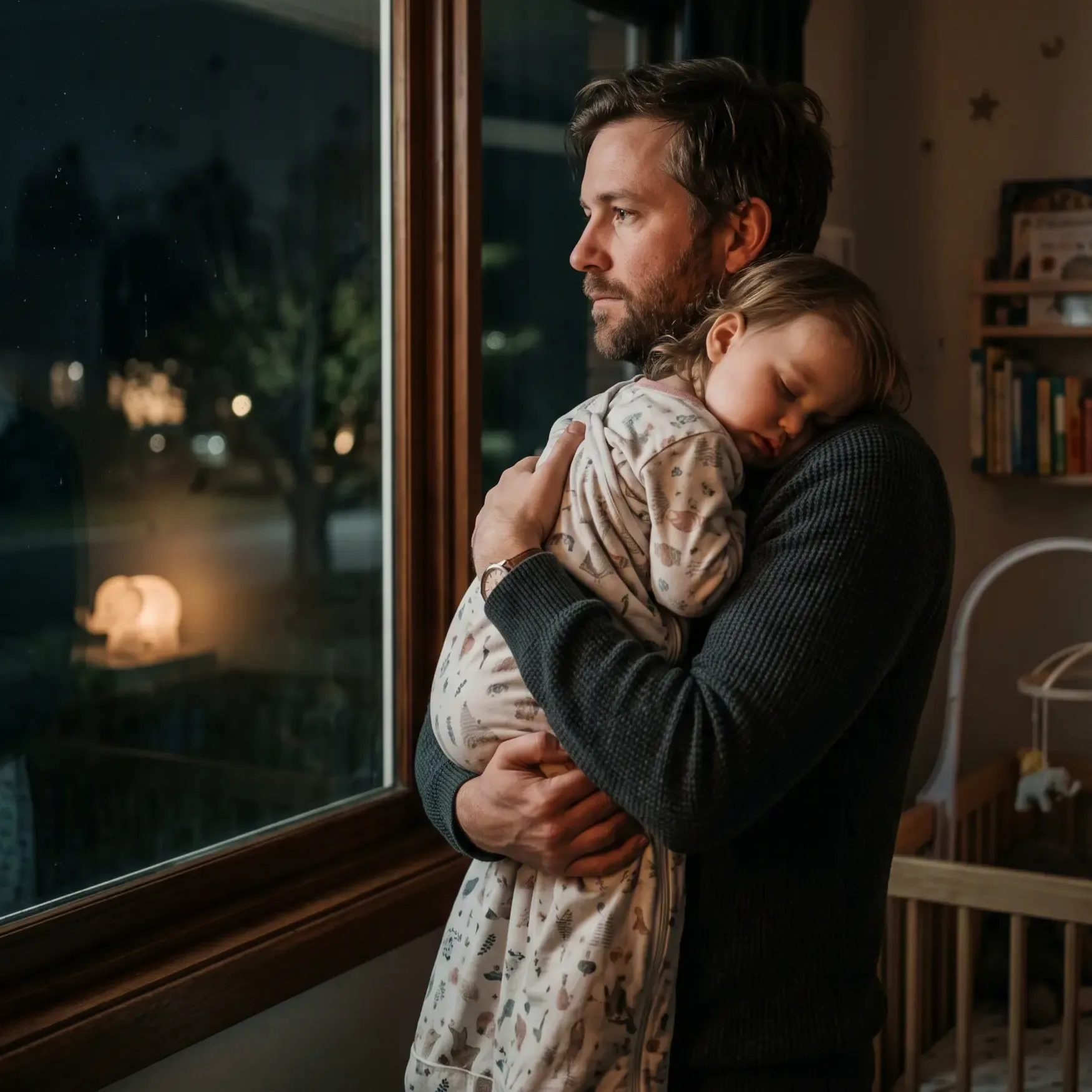 A father holding his sleeping child by the nursery window