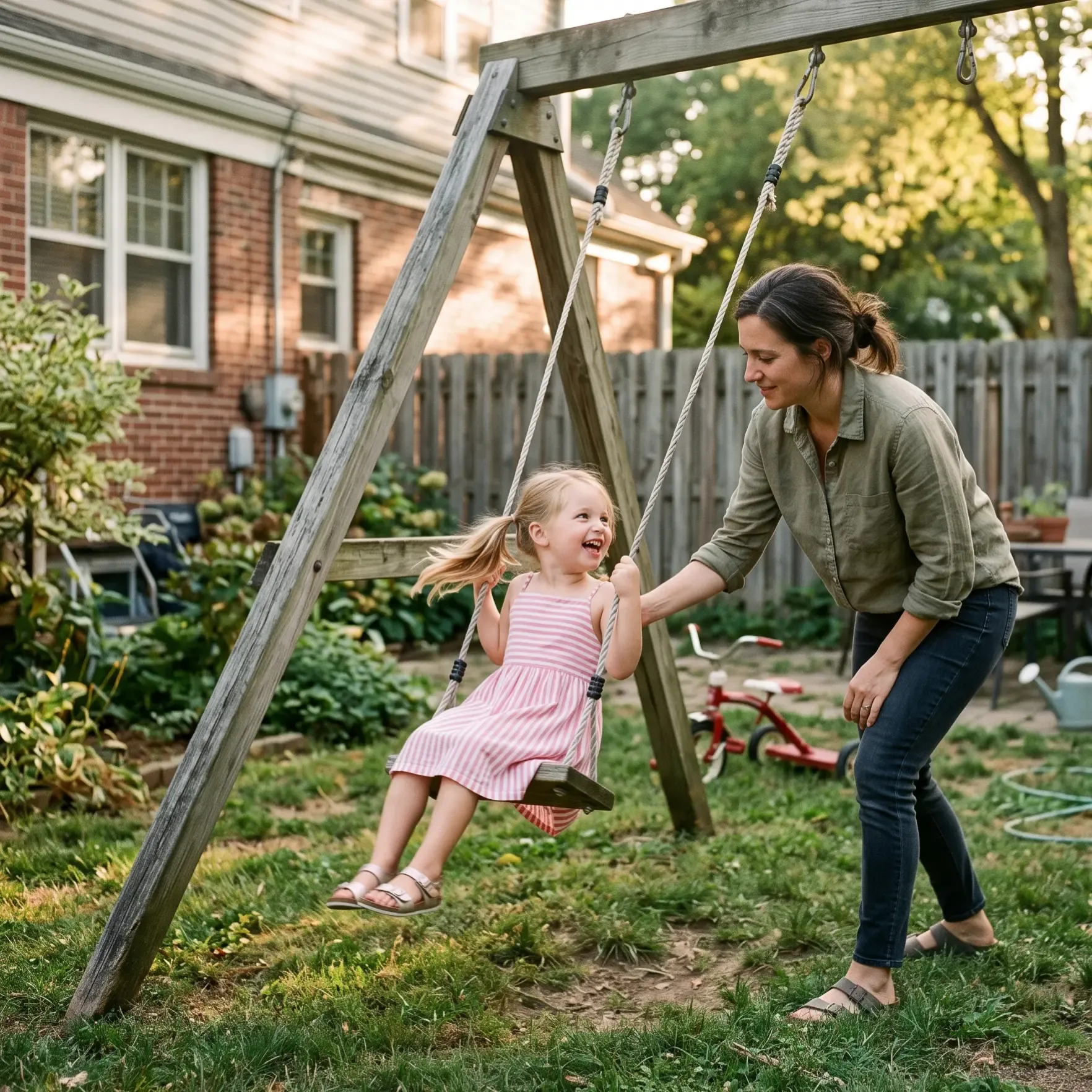 A mother pushing her daughter on a backyard swing