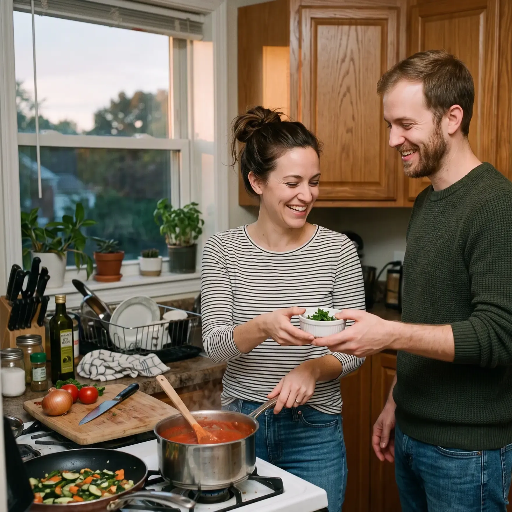 A couple cooking dinner together